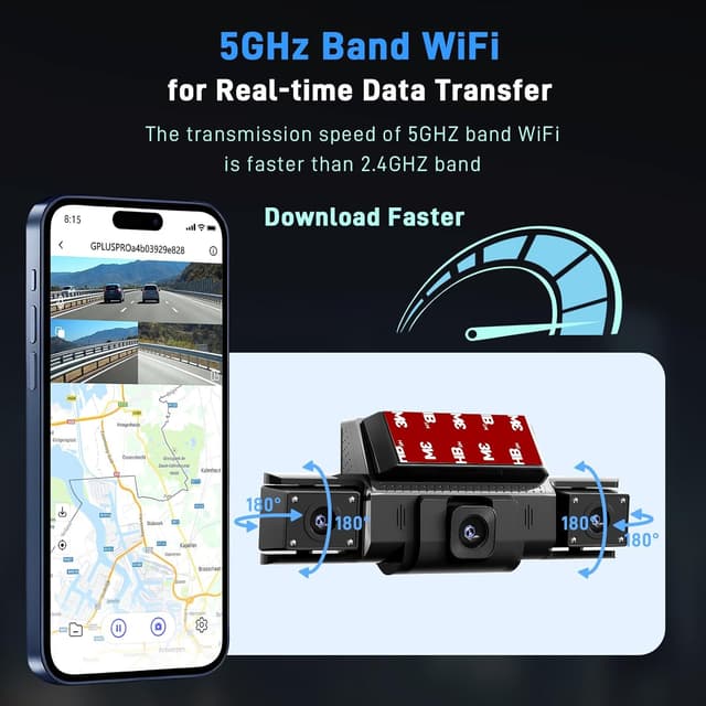 Detalle de 4-Channel 360° Dash Cam (Front/Rear/Left/Right) with GPS, 5GHz WiFi, App Control, G-Sensor & 24H Parking Mode