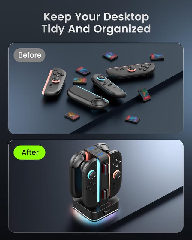 Detalle de TRANSNOVO Charging Dock for Nintendo Switch 2 (4-Slot) with RGB Lights and 8 Game Card Storage