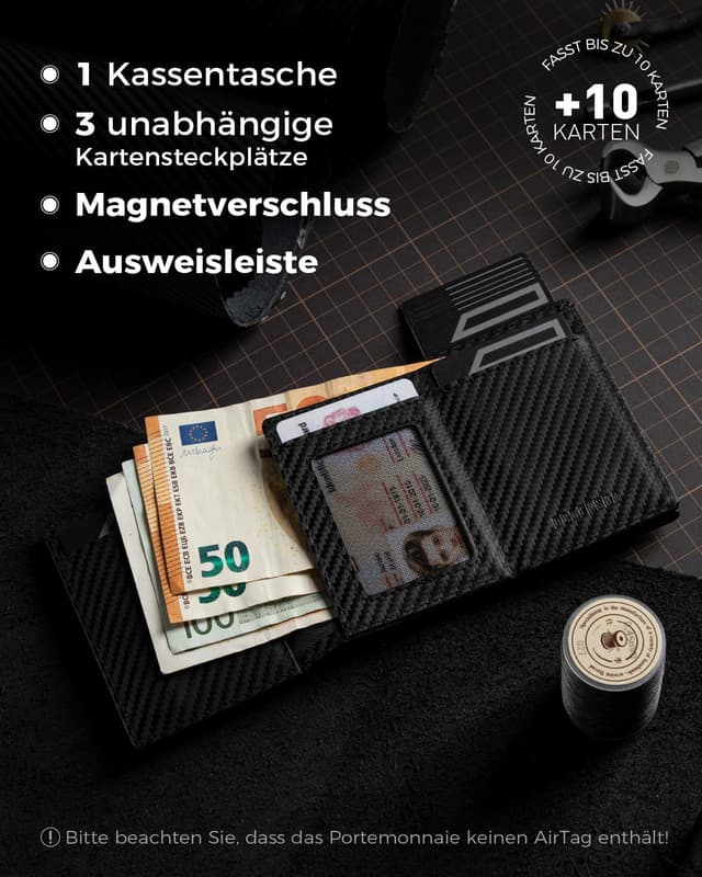 Detalle de DODENSHA MagSnap Airtag Wallet Herren mit RFID-Kartenetui aus Leder (Carbon) – Smart Wallet mit AirTag-Fach