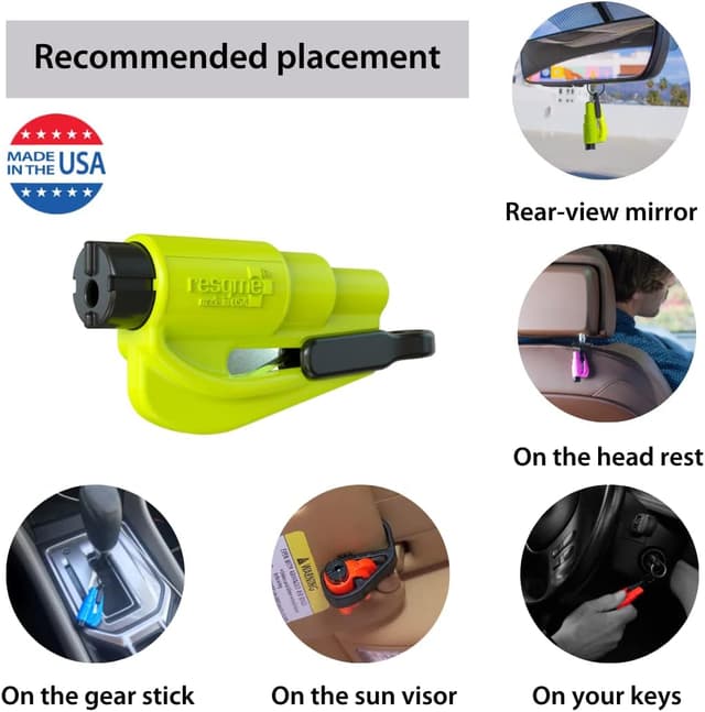 Detalle de resqme Porte-clés Sécurité Voiture : brise-vitre et coupe-ceinture avec marteau d’urgence