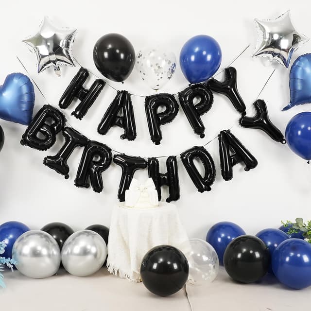 Detalle 2 de Navy Blue & Black “Happy Birthday” Balloon Decoration Set with Silver Confetti Balloons
