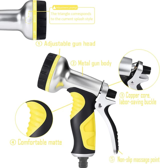 Detalle de Hose Pipe Spray Gun with 9 Adjustable Patterns – Heavy-Duty Metal High Pressure Nozzle (Yellow, 1 Pack)