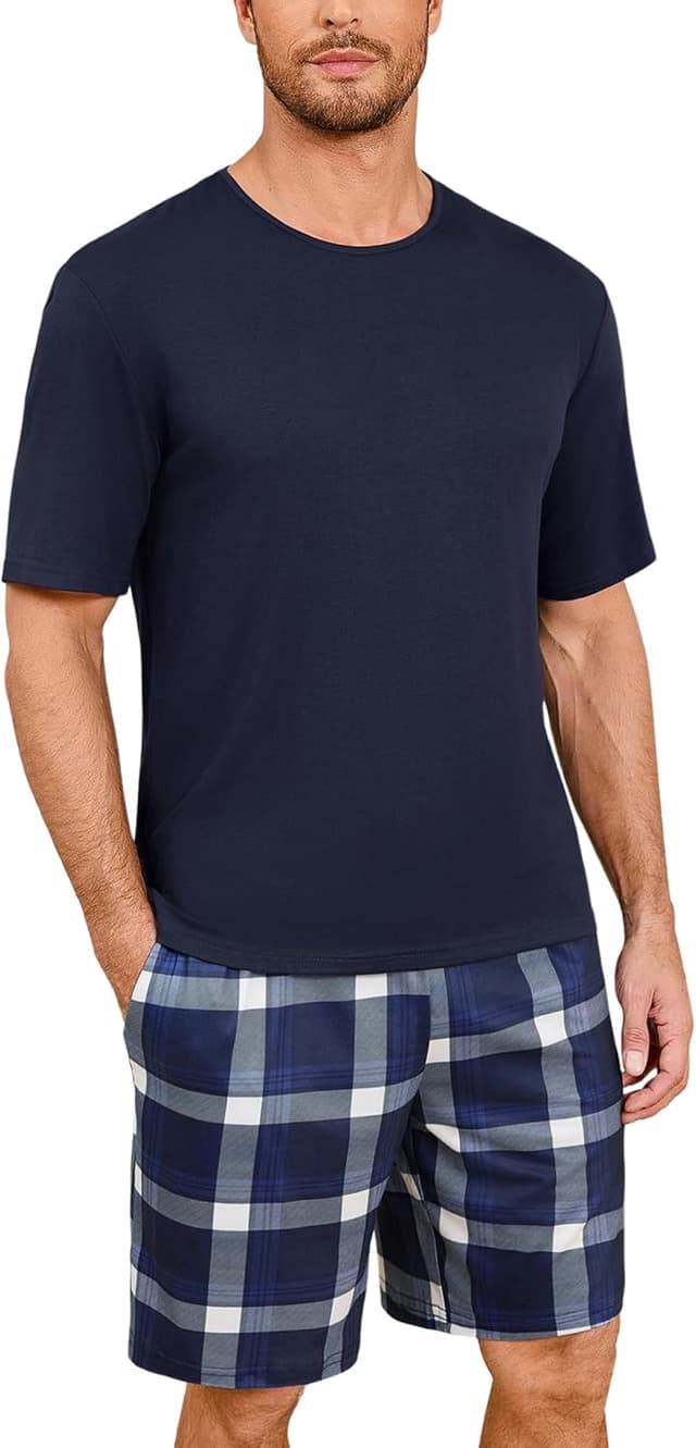 Detalle de Uniexcosm Herren-Schlafanzug aus Baumwolle (kurzes Zweiteiler-Set) mit karierten Shorts