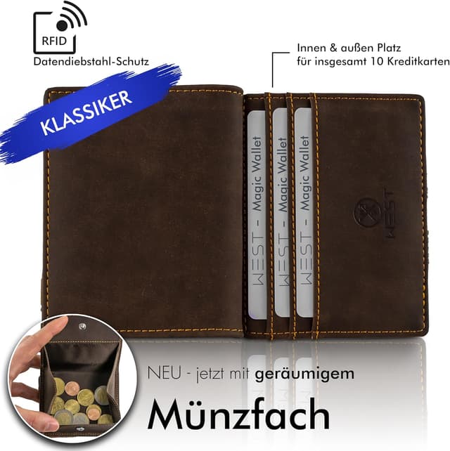 Detalle de WEST Magic Wallet (Klassiker) mit großem Münzfach – RFID Datenschutz Geldbeutel inkl. Geschenkbox in Braun/Orange