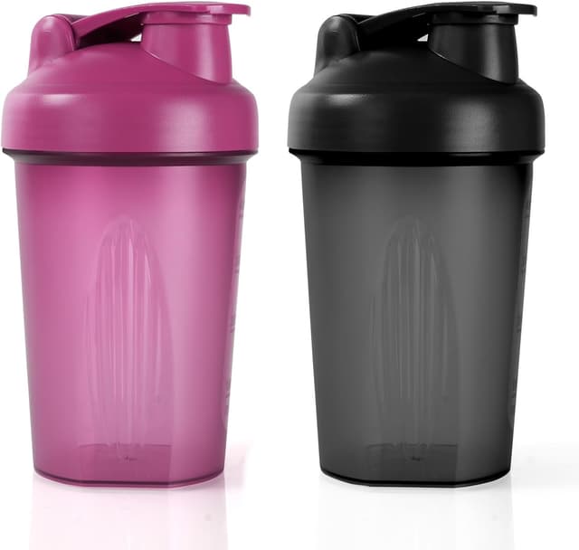 Imagen de ACWOO 500ml Protein Shaker Bottle (2 pack) with Stainless Steel Mixing Ball – Leak Proof Flip Lid, BPA Free, Black + Purple en OfertitasTOP