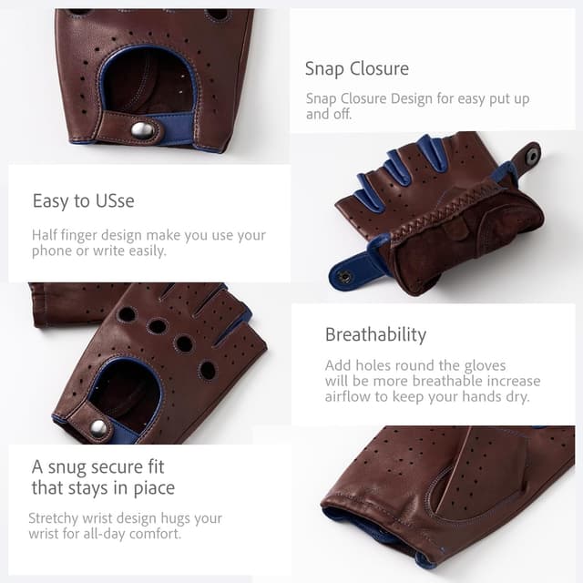 Detalle 2 de Hanotolo Men’s Fingerless Leather Driving Gloves