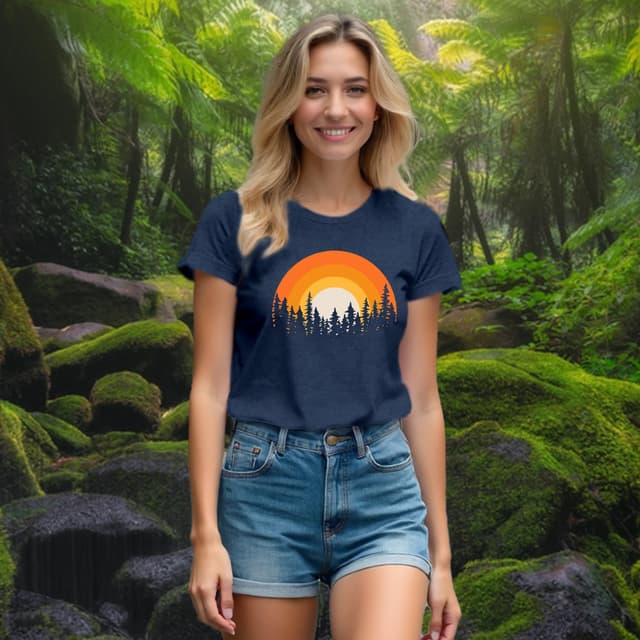 Detalle de Qskall Women’s Hiking T-Shirt – Adventure Forest Sunset Tee for Camping & Everyday Wear