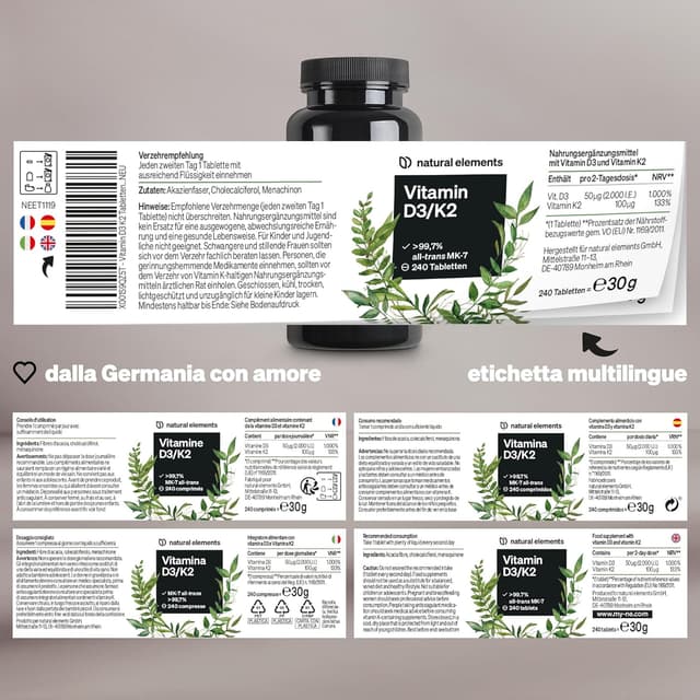 Detalle de natural elements Vitamina D3 + K2 (MK-7 all-trans) con vitamina D3 2.000 U.I., 240 compresse
