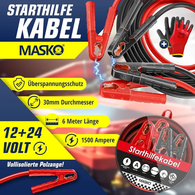 Detalle 2 de MASKO Starthilfekabel 12/24 V mit 4 vollisolierten Polzangen, Kupferkabel, 2×6 m (30 mm²) & 1500 A – für Auto, Motorrad & LKW