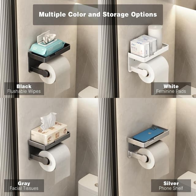 Detalle de VOLDRA Toilettenpapierhalter ohne Bohren mit Ablage – selbstklebend oder schraubbar, matt schwarz