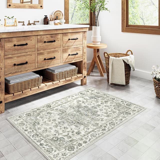 Detalle de HUGEAR Vintage grüner waschbarer Kurzflor-Teppich für Eingangsbereich & Bad, 60x90 cm