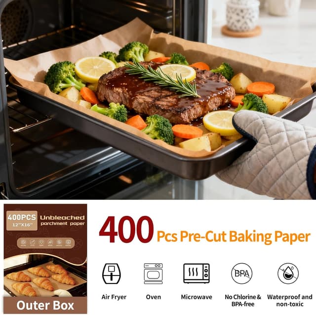 Detalle de YUANYE 400-Pack Unbleached Parchment Paper Baking Sheets (12"x16")
