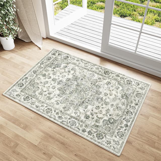 Detalle de HUGEAR Vintage grüner waschbarer Kurzflor-Teppich für Eingangsbereich & Bad, 60x90 cm