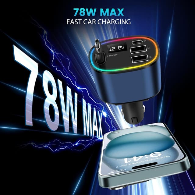 Detalle 2 de Retractable 78W Car Charger (4-in-1) with USB-C/USB-A and Type-C Cable – RGB Light