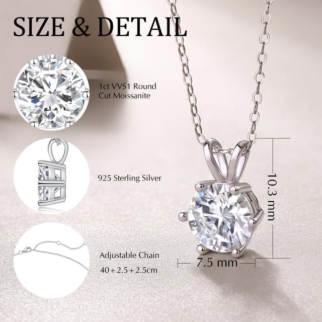 Detalle 2 de FANCIME Moissanite Kette aus 925 Sterling Silber mit runden Moissanit-Anhänger (VVS1, Farbe D) – 40+5 cm