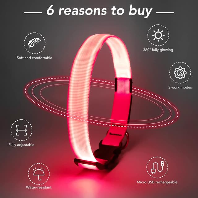 Detalle de KOSKILL Leuchthalsband für Hunde, wiederaufladbar per USB, wasserdicht, rosa (M)