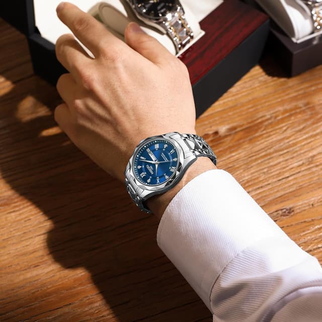 Detalle 2 de NIBOSI Orologio da polso da uomo analogico al quarzo in acciaio inox impermeabile 3 ATM, business e casual