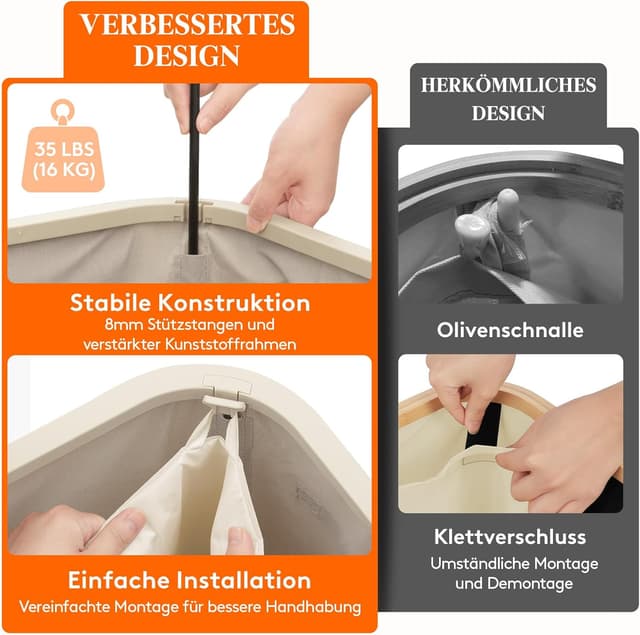 Detalle de Lifewit Schmaler Wäschekorb mit Deckel, 65 l – faltbarer Wäschesortierer mit Kunststoffrahmen, beige