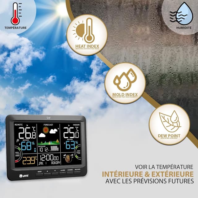 Detalle 2 de Station météo sans fil BLA : thermomètre intérieur/extérieur avec hygromètre, chaleur rosée et rétroéclairage réglable