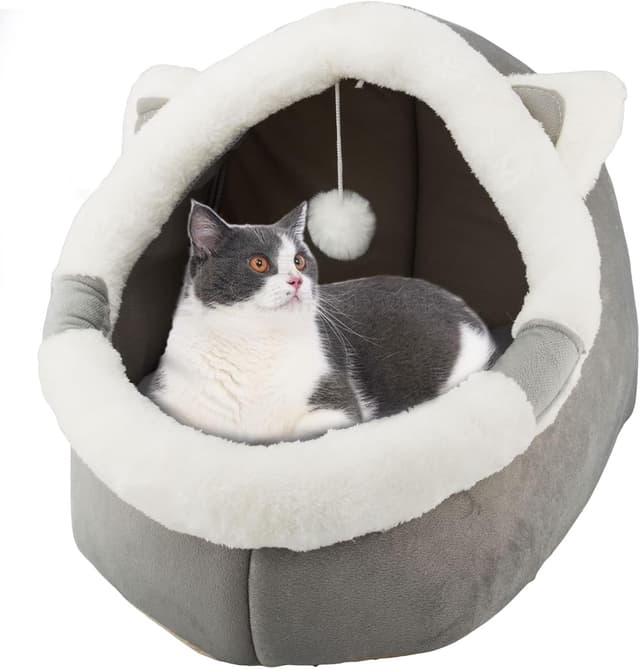 Detalle de ZNewYear Cat Beds for Indoor with Hanging Toy – Small Dog Cave Bed & Kitten Tent House with Removable Cushioned Pillow