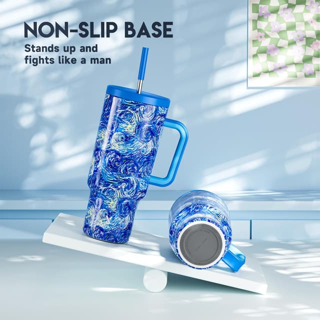 Detalle 2 de Meoky 40 oz Tumbler with Handle and Straw (Van Gogh) — Insulated, Leakproof Cup for Car Holders