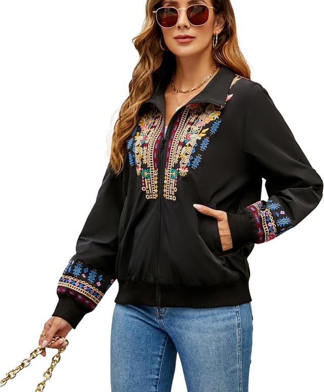 Detalle de drakloak Damen Stickerei-Jacke mit Stehkragen und Reißverschluss