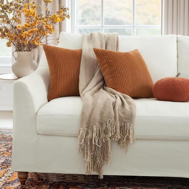 Detalle 2 de Topfinel Kissenbezug 45x45 Herbst Karamell Orange im 2er-Set (Cord-Kordsamt, versteckter Reißverschluss)