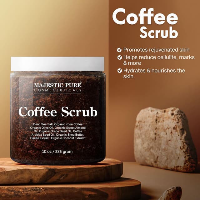 Detalle de MAJESTIC PURE Arabica Coffee Scrub (10 oz) — All-Natural Exfoliating Body Scrub for Cellulite, Stretch Marks & Spider Veins