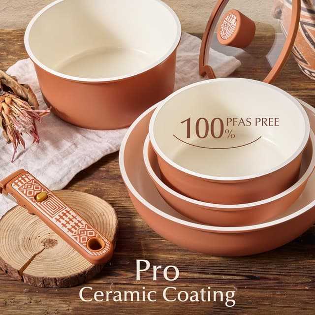 Detalle de CAROTE 21-Piece Ceramic Cookware Set with Detachable Handle (Terracotta)