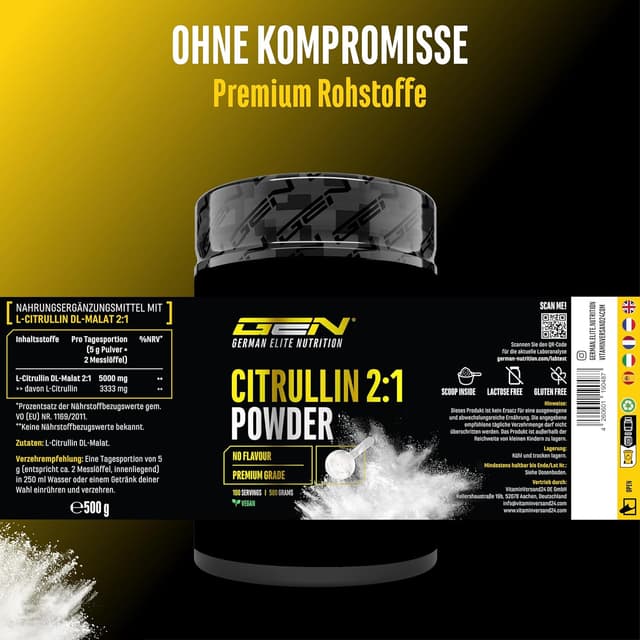 Detalle 1 de L-Citrullin DL-Malat 2:1 Pulver (500 g) – vegan, aus pflanzlicher Fermentation
