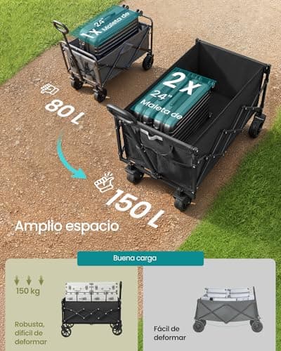 Detalle de SONGMICS GFW150BH01 carro de mano plegable de jardín negro con 4 ruedas reforzadas (hasta 150 kg)