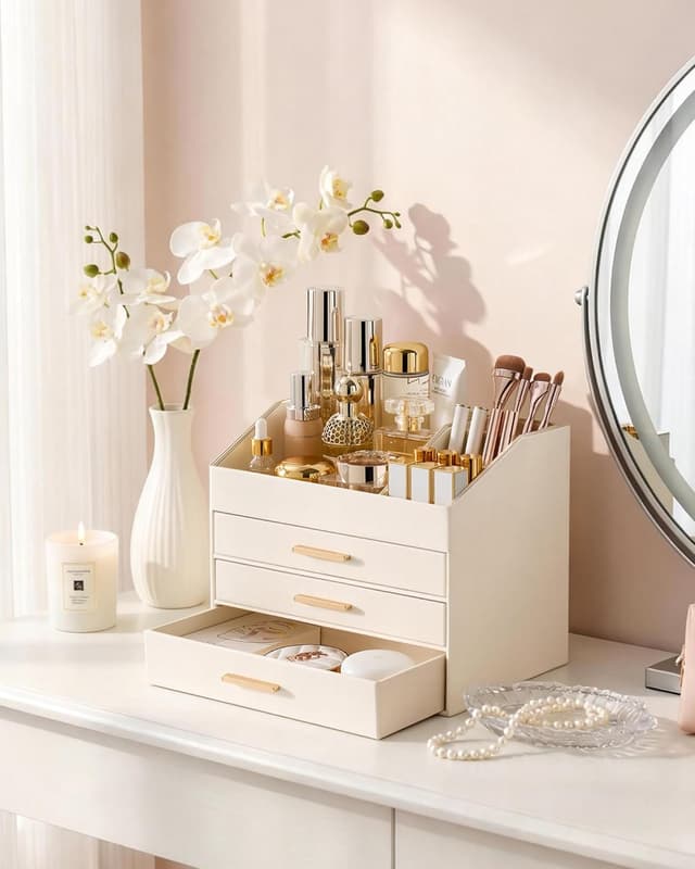 Thumbnail 6 de Lolalet 4-Layer PU Leather Makeup Organiser with Drawers for Vanity Desk (Cream)