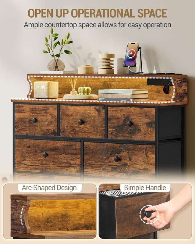 Detalle de Hzuaneri Commode 9 tiroirs avec bande lumineuse LED, 2 ports USB et 2 prises secteur (30 x 100 x 95 cm) Vintage DU02901BEU