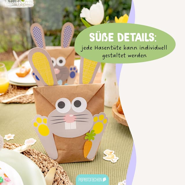 Detalle de Papierdrachen DIY Osterhasen-Tüten (12 Stück) zum selbst Befüllen – bunte Geschenktüten für Ostern
