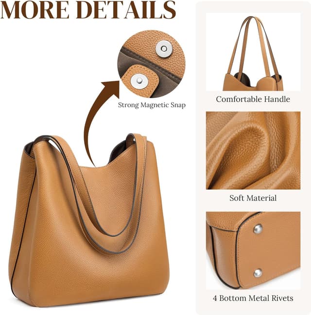 Detalle 2 de S-ZONE Soft Genuine Leather Tote Bag for Women with Zipper & Bottom Rivets