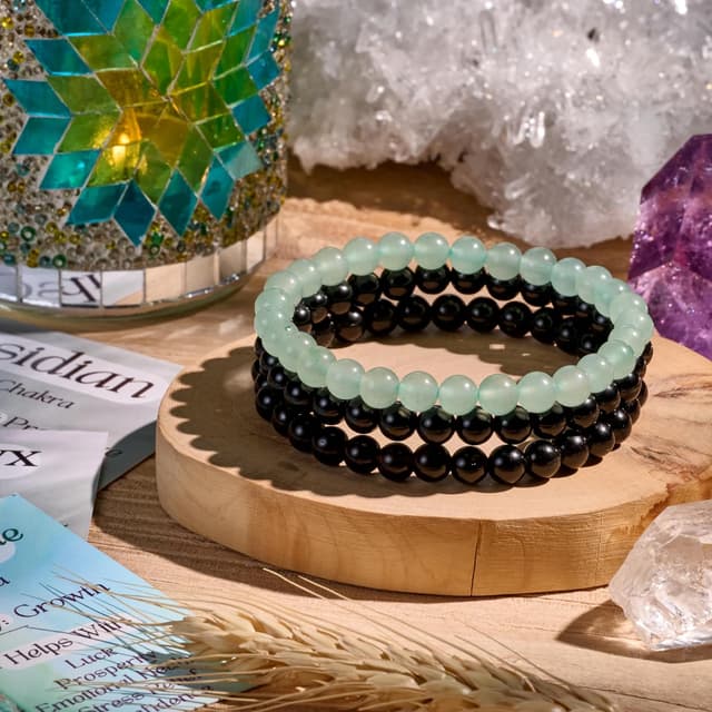 Detalle de Bivei 3-teiliges Perlenarmband-Set aus Natursteinen für Damen (Onyx, Obsidian, Aventurin) – handgefertigt