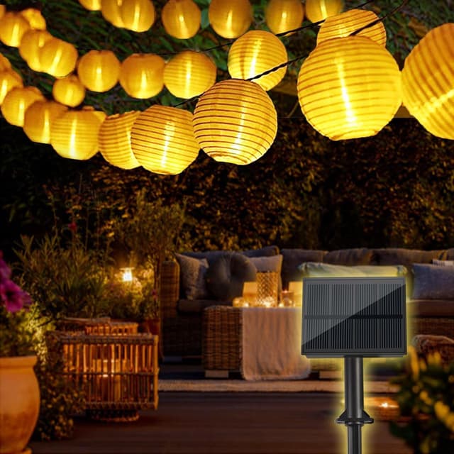 Detalle de Bowfar Solar-Lichterkette „Lampions“ für außen, 6 m, 30 LED, warmweiß (IP65, 8 Modi)