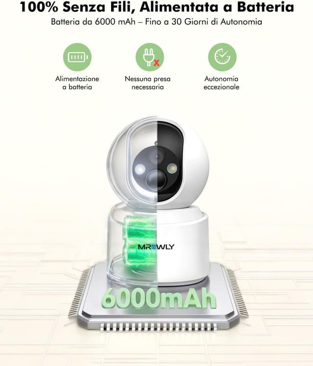 Detalle de Mrowly 4MP 2.5K Telecamera WiFi interna senza fili con batteria 6000 mAh, visione notturna a colori e audio bidirezionale