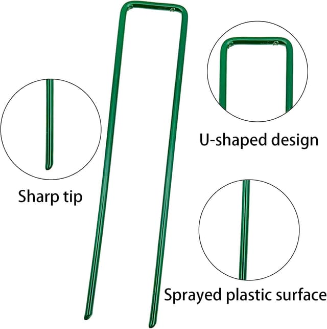 Detalle de YUNSTK 50 pcs U-shaped metal ground pegs for artificial grass and garden netting (green paint)
