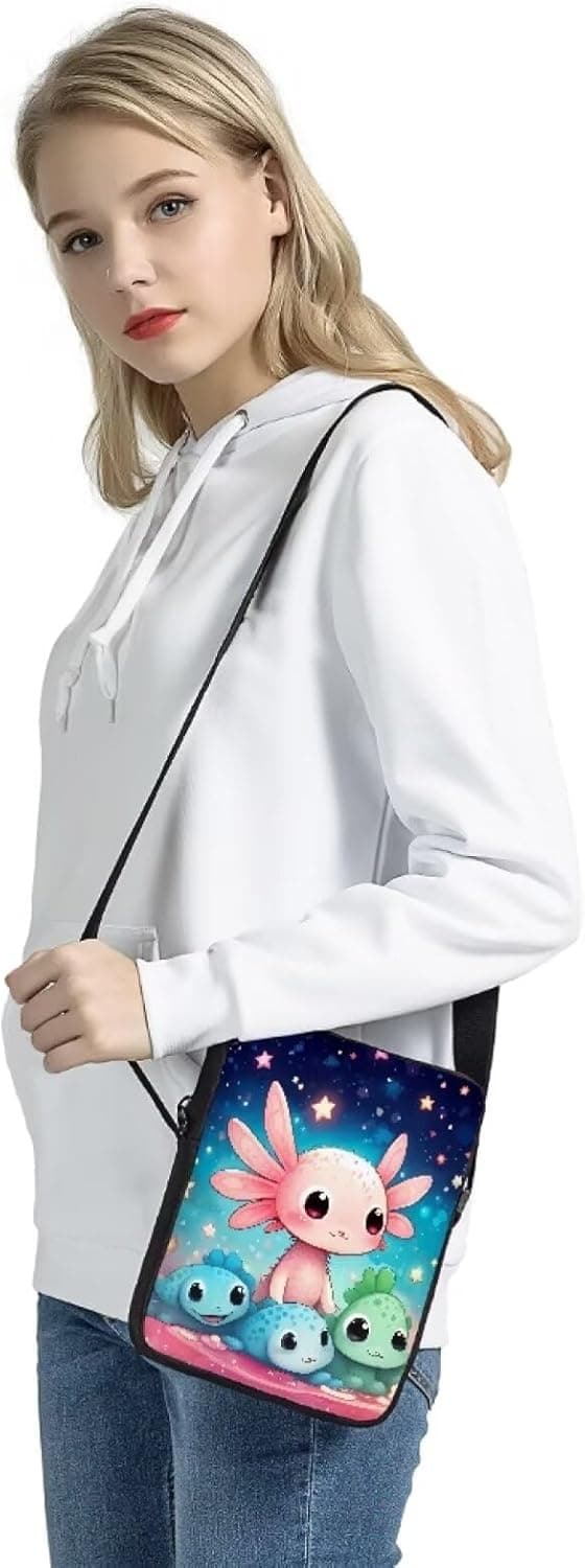 Detalle 2 de Chaqlin Kawai Axolotl crossbody bag for kids and girls (pink sling satchel)