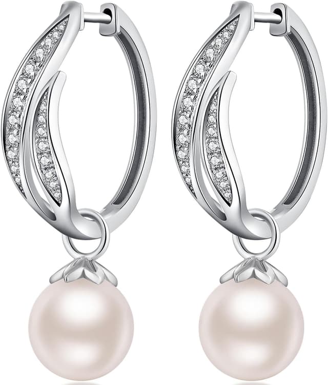 Detalle de jiamiaoi Weißgold plattierte große Creolen aus Sterlingsilber 925 mit Perlen & Zirkonia (24 mm)