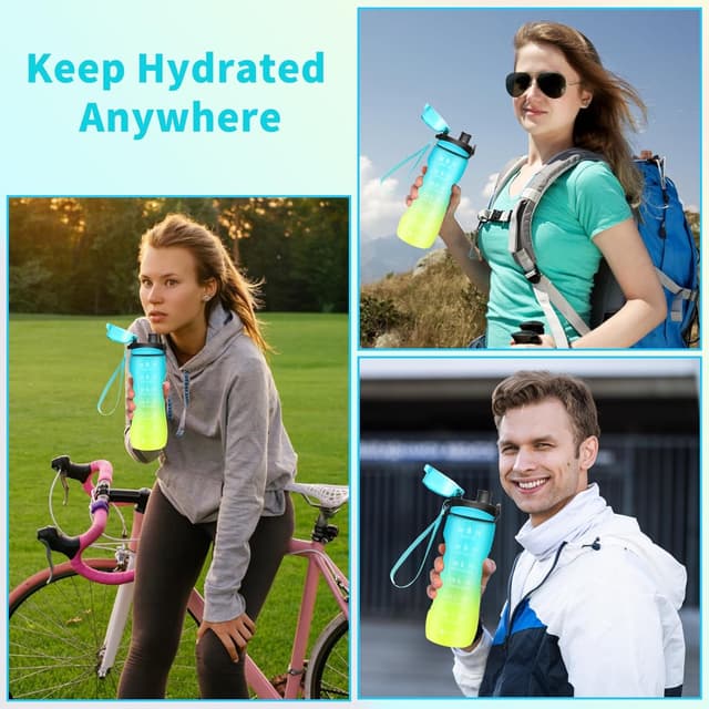 Detalle de Binudum Motivations-Trinkflasche mit Zeitmarkierung (Tritan, BPA-frei) Blau Gold, 750 ml