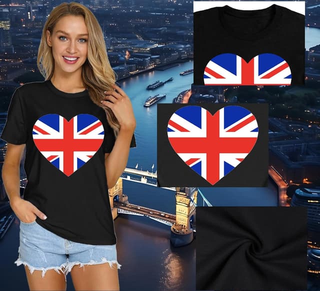 Detalle 2 de Qskall women’s Union Jack T-shirt with heart print – British flag themed tee top
