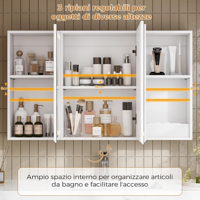 Detalle de Mojiasion Specchio Bagno LED sospeso 100x60 cm con 3 ante e presa integrata, 3 luci regolabili e memoria luminosità