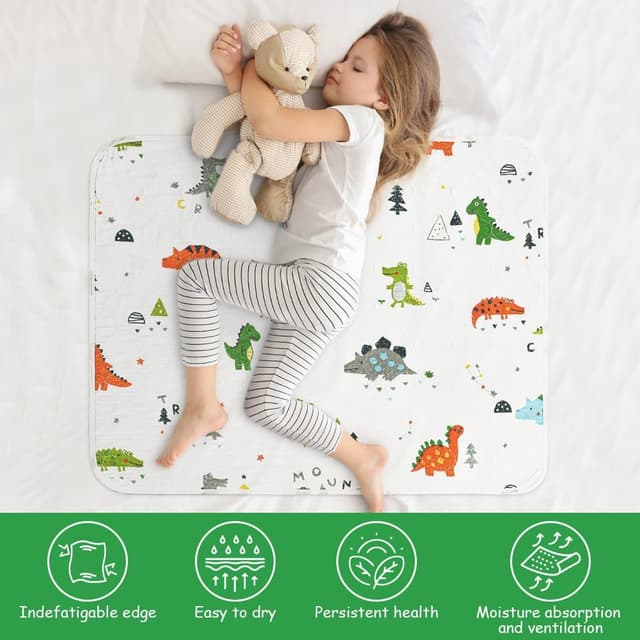 Detalle 2 de Aolso Potty Training Mattress Protector (Dinosaur) – Waterproof washable underlay, 70 x 90 cm for cot beds