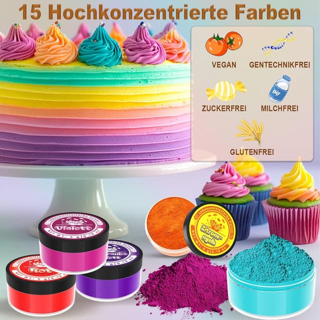 Detalle de Lebensmittelfarbe Pulver (15 x 5 g) – Leuchtendes Farbpulver-Set zum Backen, vegan