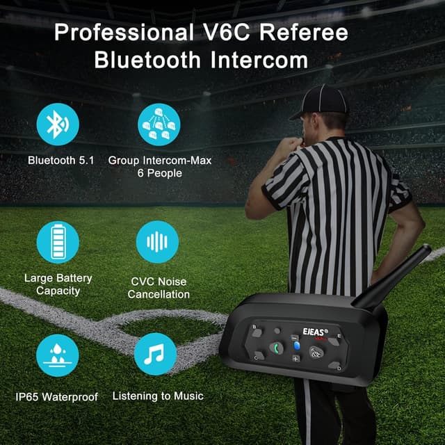 Detalle de EJEAS V6C Referee Bluetooth Intercom (2er-Set) mit DSP-Rauschunterdrückung, 850 mAh, Full Duplex, USB-C