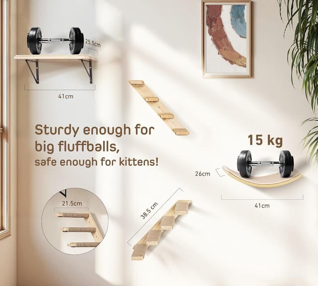 Detalle de Wall-mounted cat climbing set with shelves, sisal scratching mat and multi-step ladder