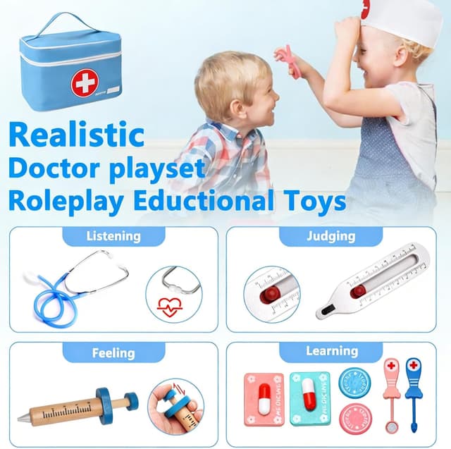 Detalle de Teneytoyz Kinder-Arztkoffer aus Holz mit echtem Stethoskop & Arztkittel – Doktorkoffer für Rollenspiele