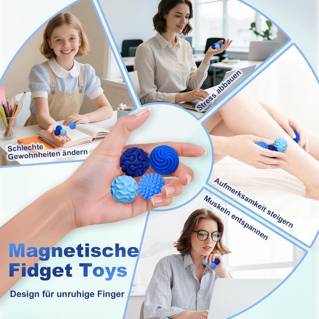 Detalle de Pipoobear magnetische Fidget Toys – 4 Silikon-Magnetkugeln (mittelgroß, blau) zum Stressabbau